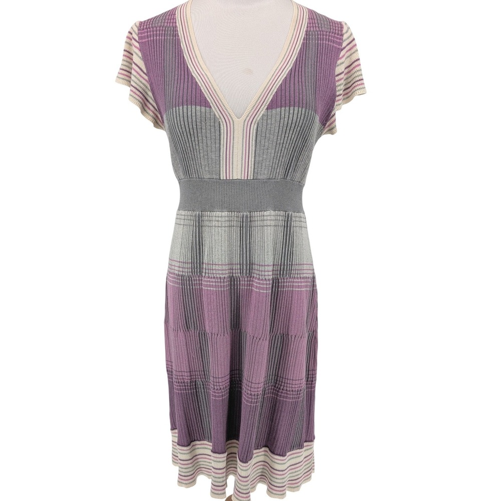Y2K BCBG Silk Blend Knit Dress L Purple Plaid V-Neck Indie Retro Mod Luxury Chic - Picture 2 of 12